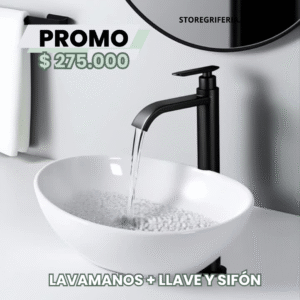 Combo Lavamanos Blanco Con Llave Negra Cascada y Sifón